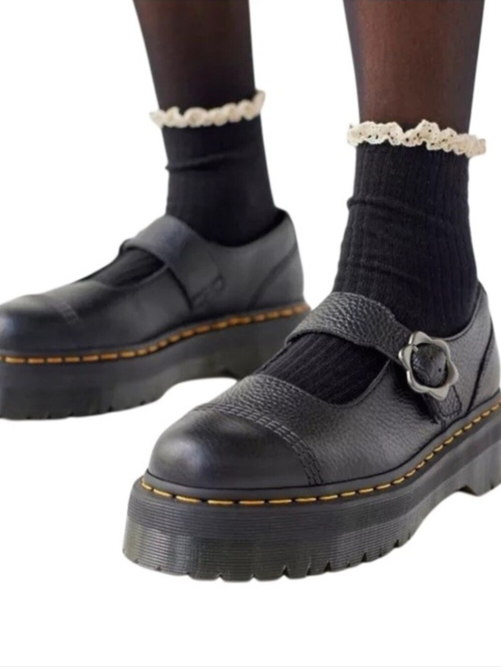 NWOB Dr. Martens Addina Flower Buckle Platform Mary Janes Black Leather Size 7